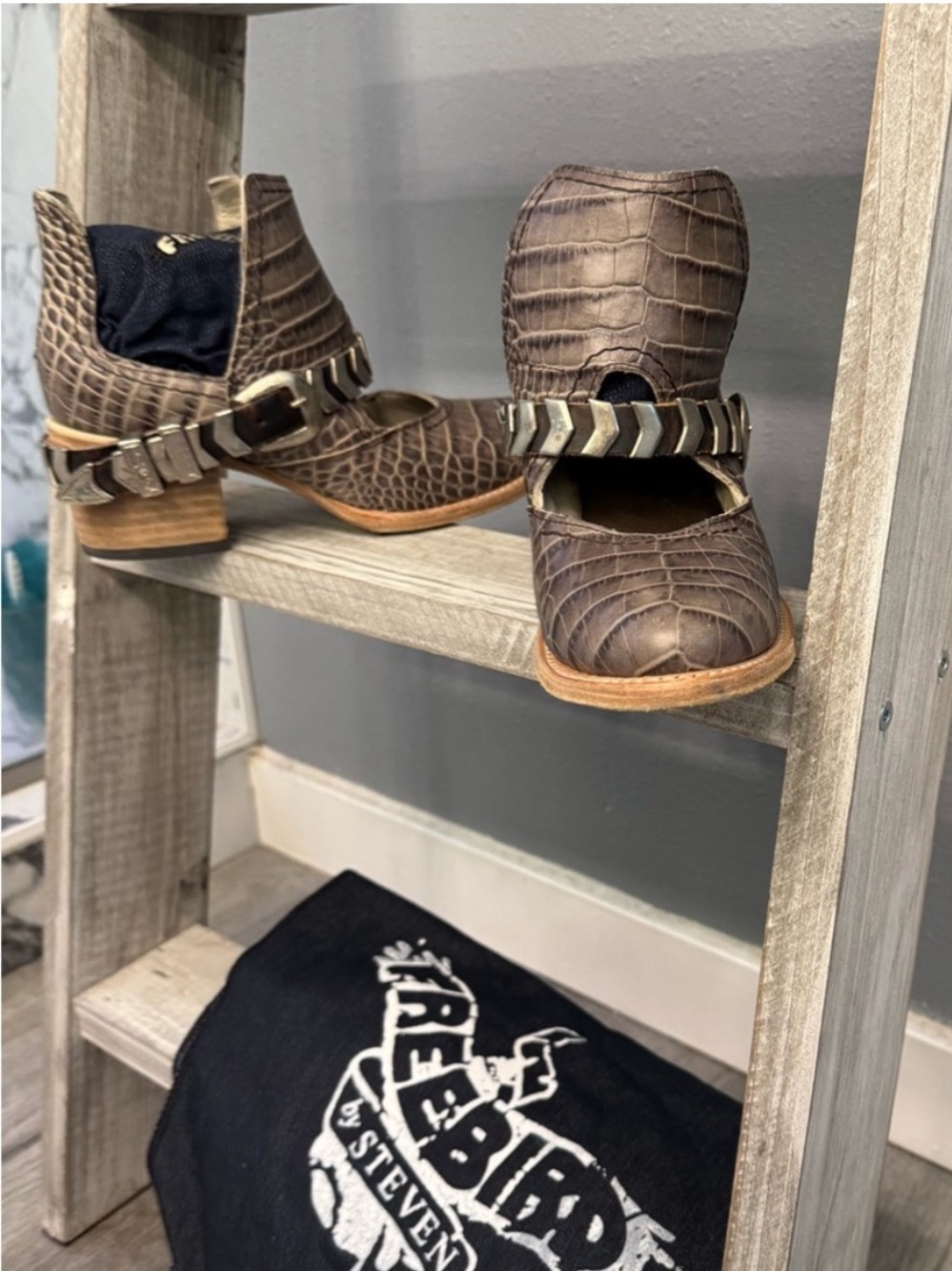 Freebird by Steven Stone Croc-Embossed Mary Jane Ankle Boots with Chevron Strap